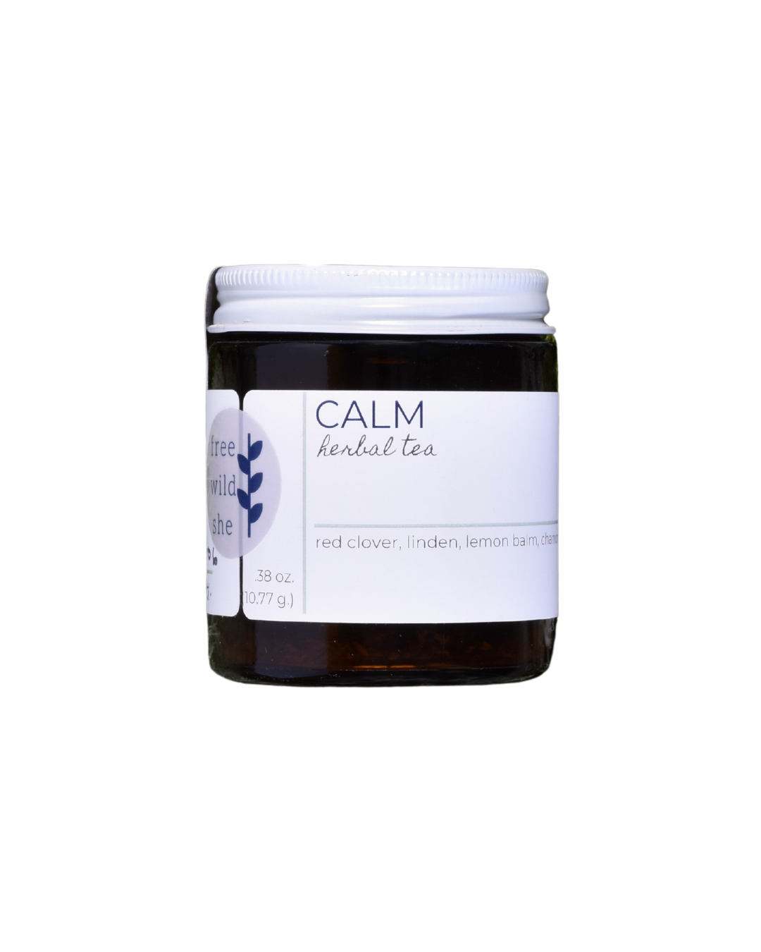 A 20 serving jar of FreeWildShe Calm Herbal Tea. The jar is dark brown, the lid is white metal, the label is white with navy & gray text. The background is transparent.