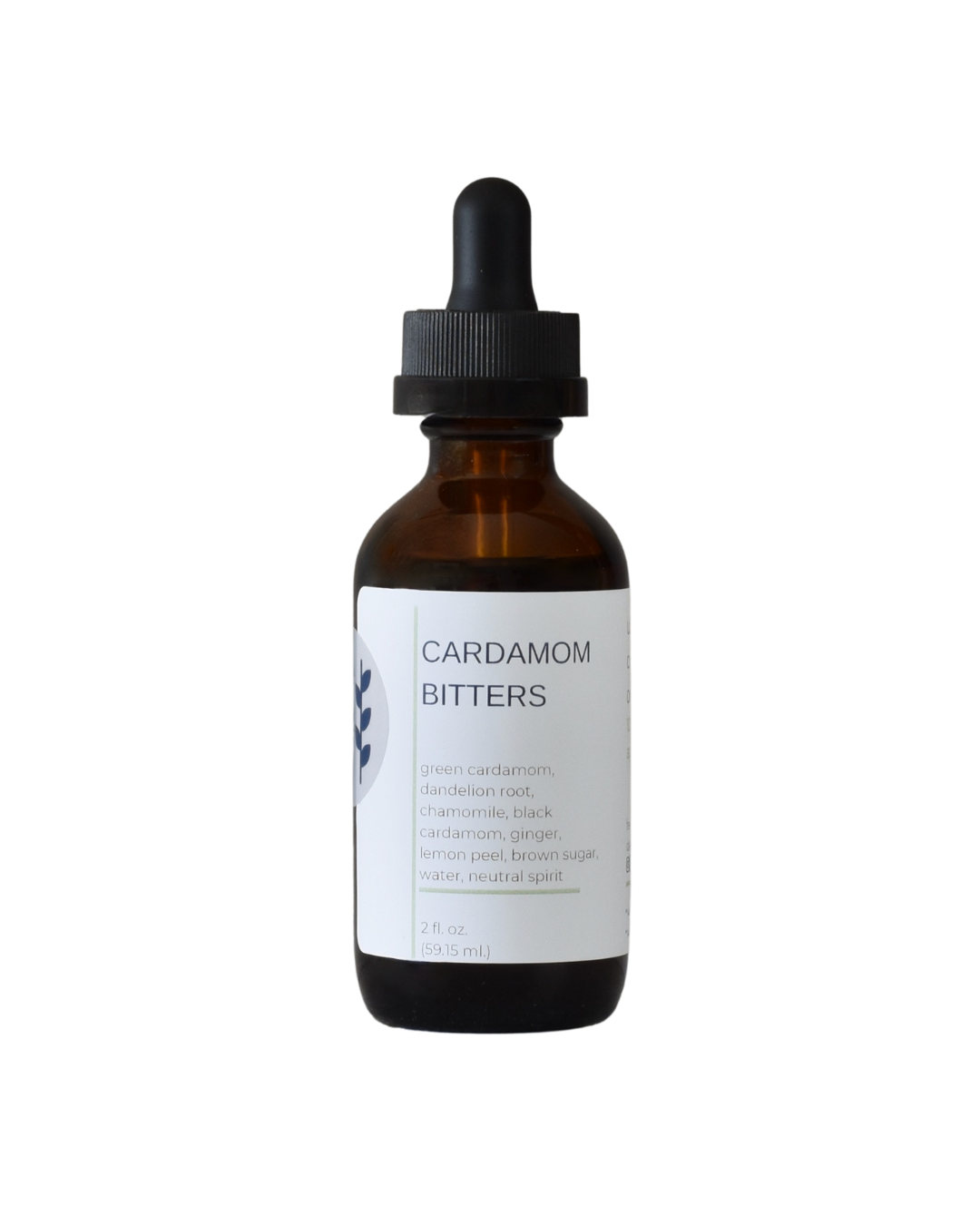 A bottle of FreeWildShe Cardamom Bitters. The bottle is brown, the dropper top is black, and the label is white with navy & gray text. The background of the image is transparent.