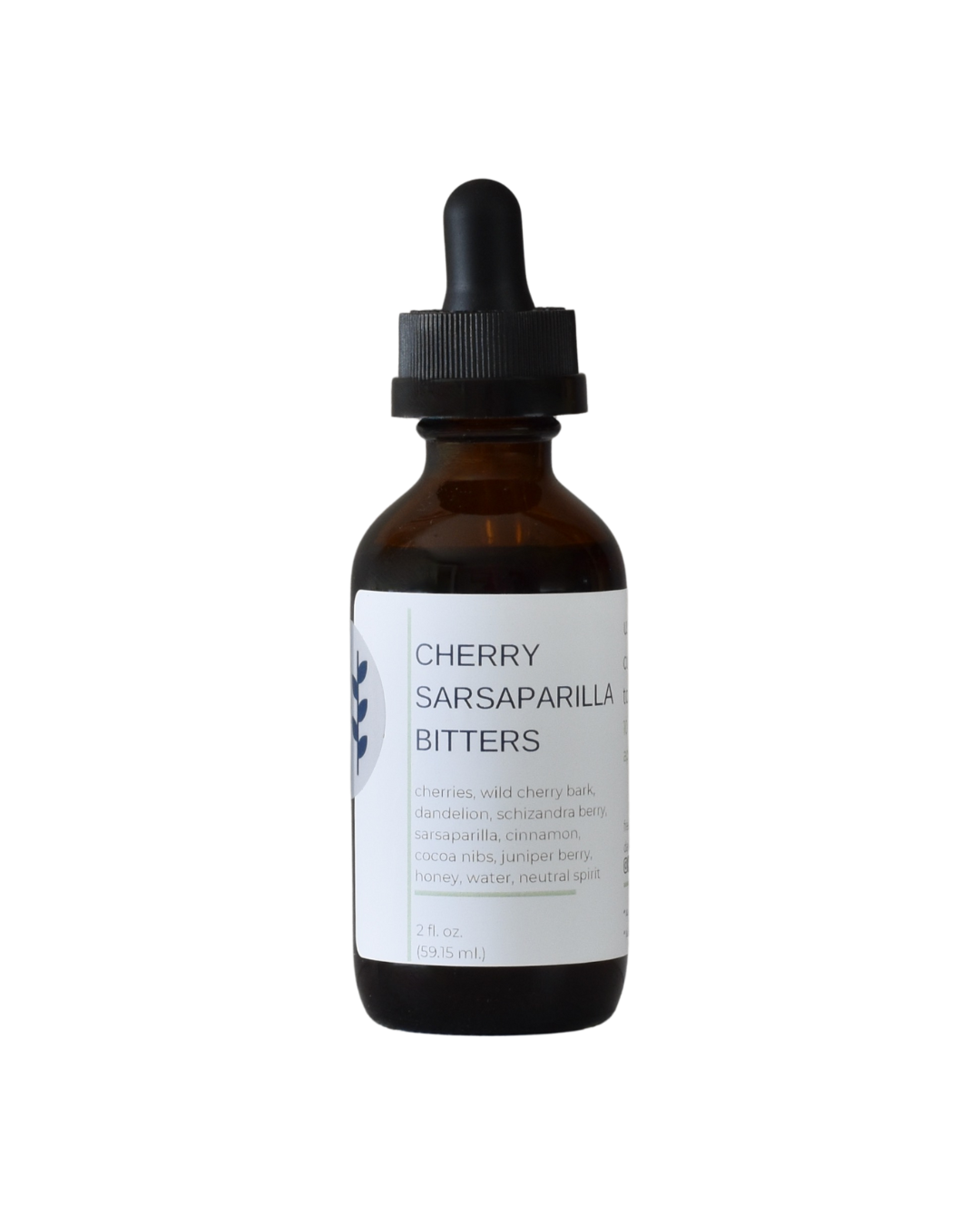 A bottle of FreeWildShe Cherry Sarsaparilla Bitters. The bottle is brown, the dropper top is black, and the label is white with navy & gray text. The background of the image is transparent.