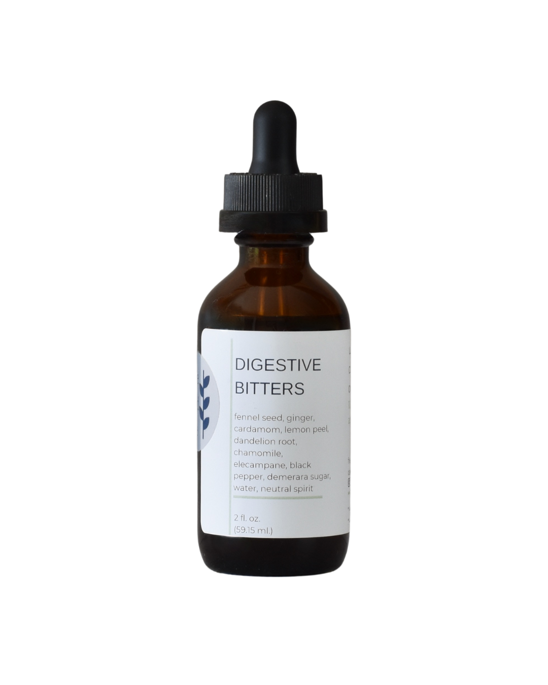 A bottle of FreeWildShe Digestive Bitters. The bottle is brown, the dropper top is black, and the label is white with navy & gray text. The background of the image is transparent.