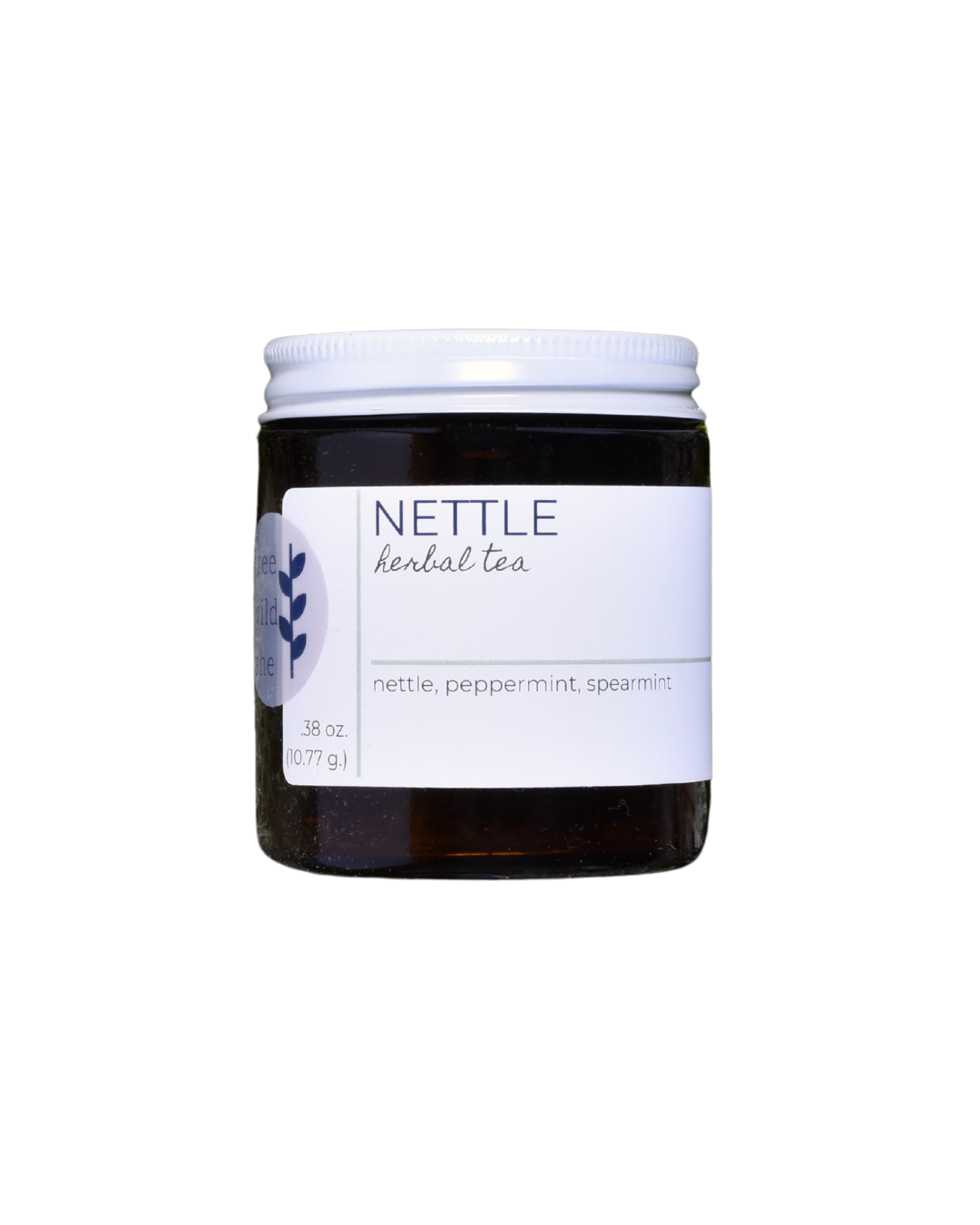 A 20 serving jar of FreeWildShe Nettle Herbal Tea. The jar is dark brown, the lid is white metal, the label is white with navy & gray text. The background is transparent.