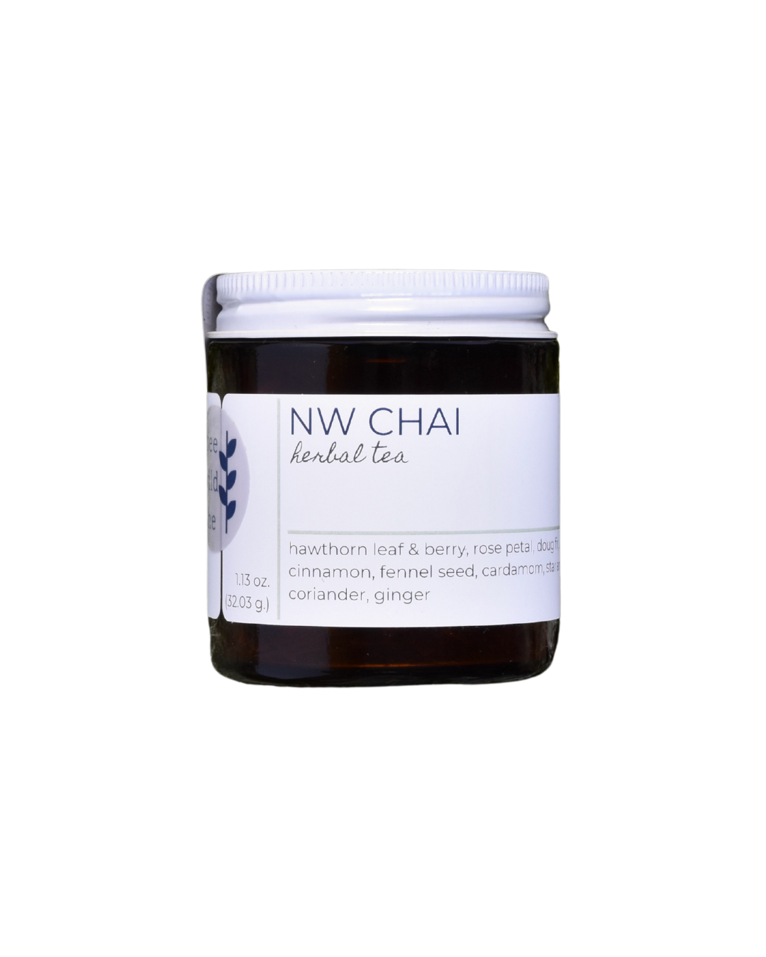 A 20 serving jar of FreeWildShe Northwest Chai Herbal Tea. The jar is dark brown, the lid is white metal, the label is white with navy & gray text. The background is transparent.