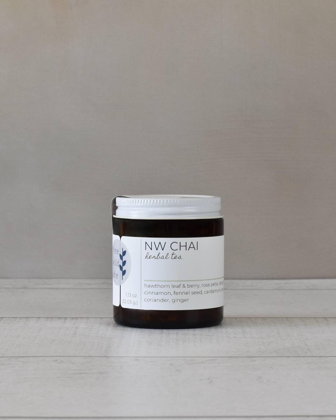 FreeWildShe NW Chai Herbal Tea 20 servings sits on a white countertop.