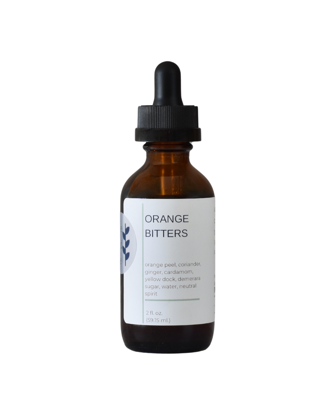 A bottle of FreeWildShe Orange Bitters. The bottle is brown, the dropper top is black, and the label is white with navy & gray text. The background of the image is transparent.