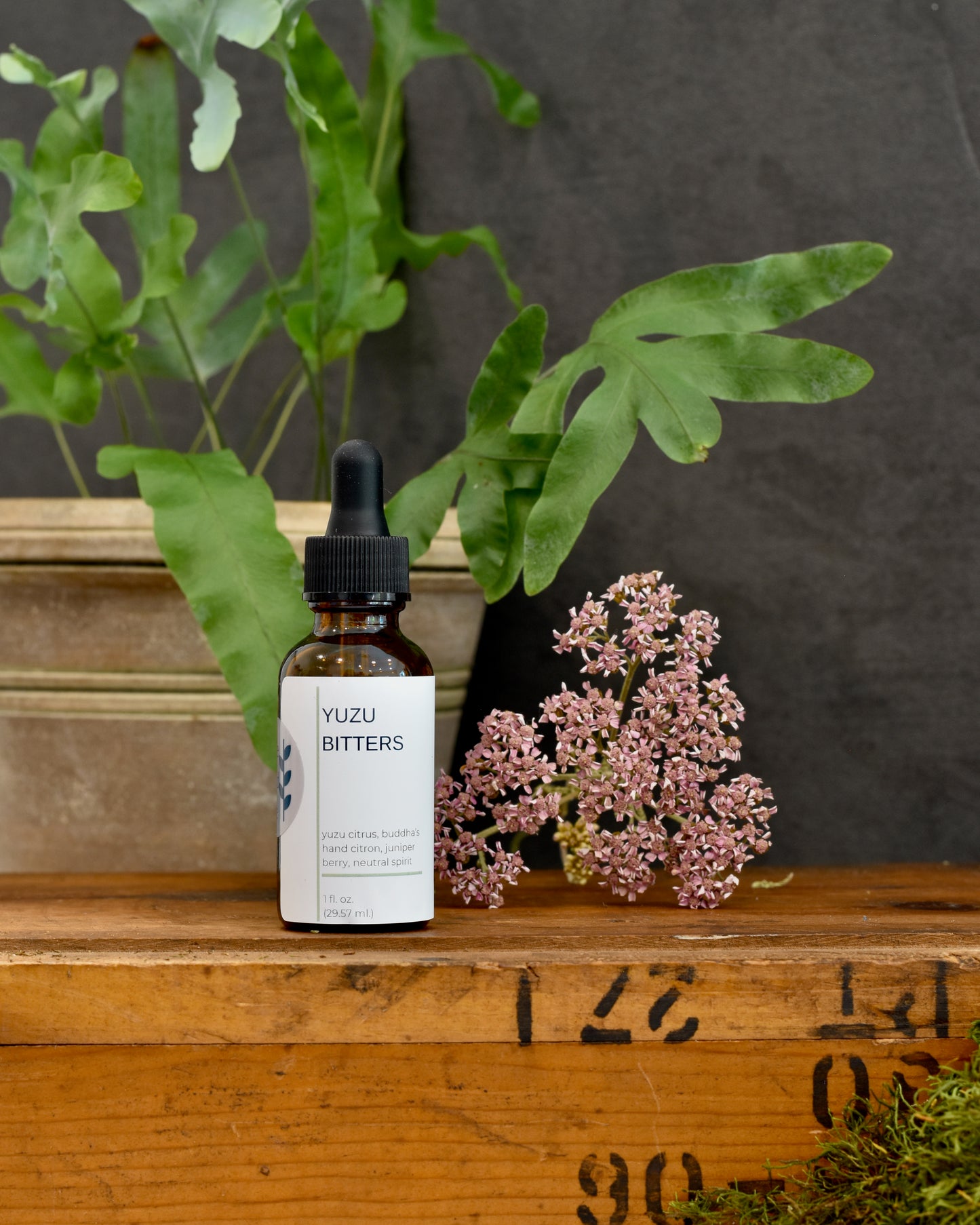 FreeWildShe Yuzu Bitters sit on a wooden box. A plant and dried flower sit in the background.