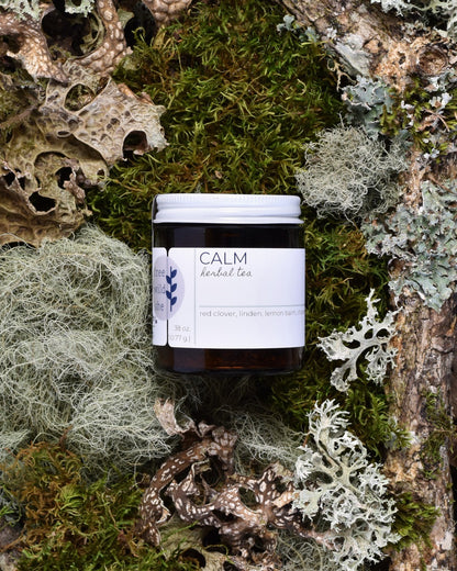 FreeWildShe Calm Herbal Tea 20 servings sits on moss & lichen.