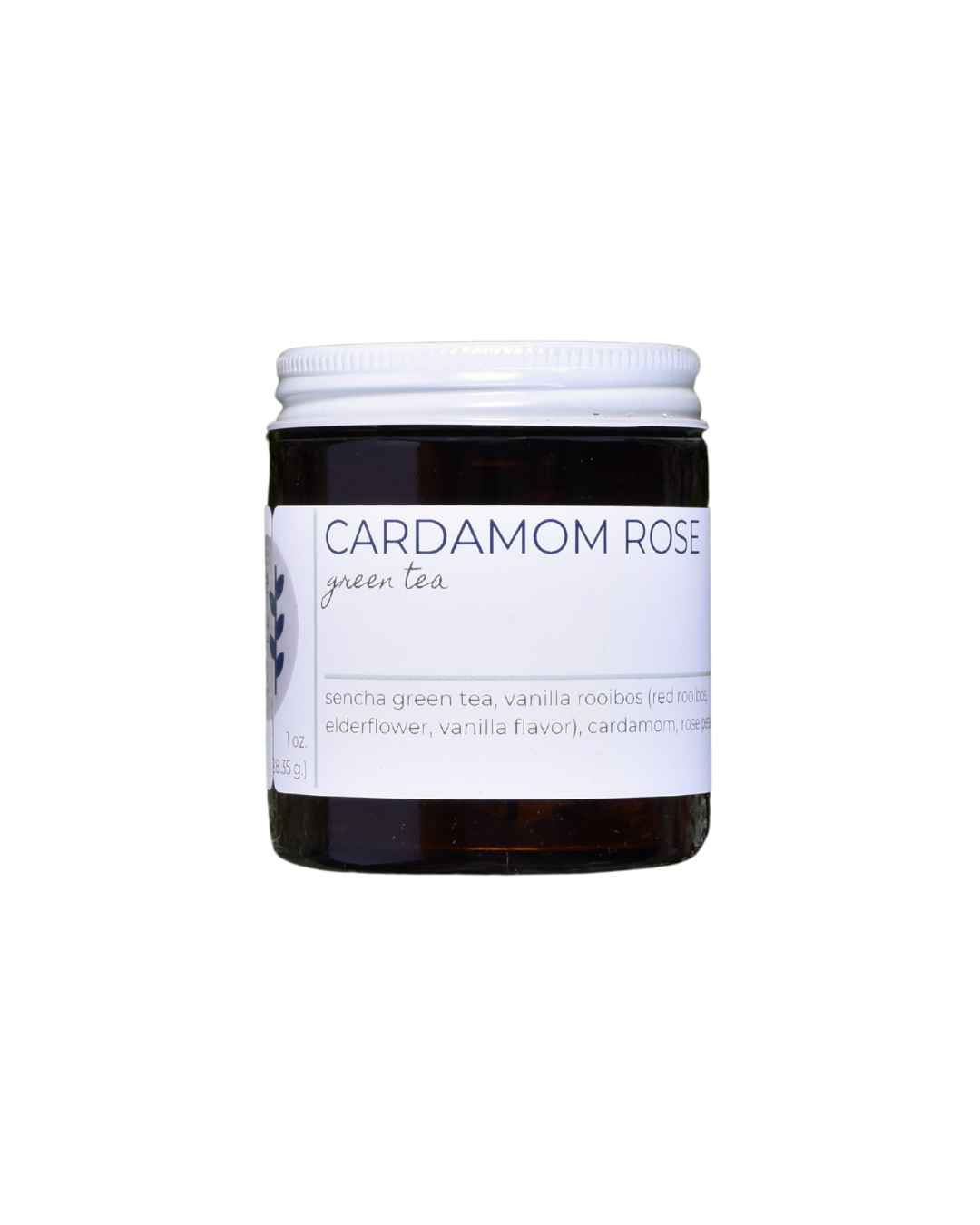 A 20 serving jar of FreeWildShe Cardamom Rose Green Tea. The jar is dark brown, the lid is white metal, the label is white with navy & gray text. The background is transparent.