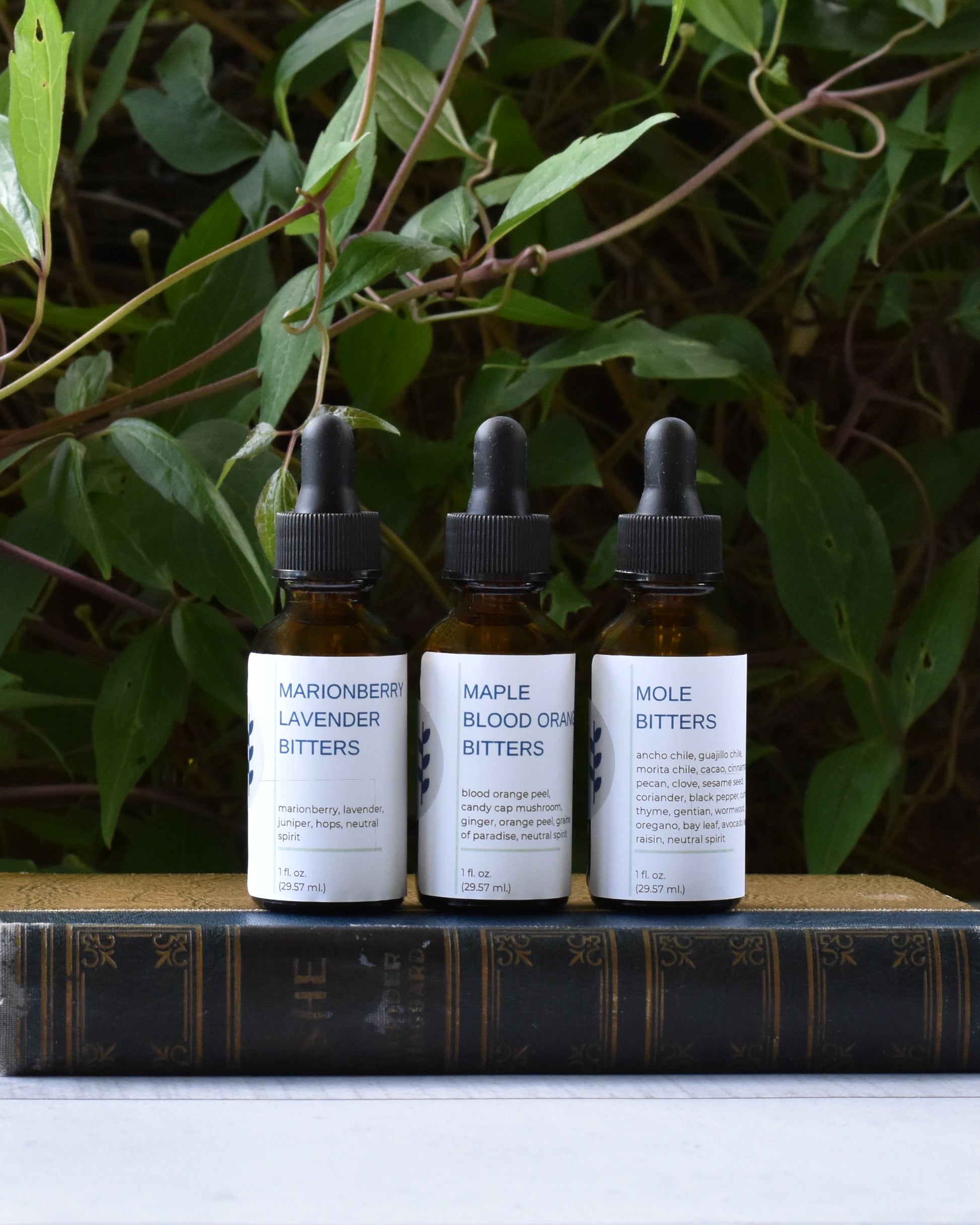 FreeWildShe Marionberry Lavender Bitters, Maple Blood Orange Bitters, & Mole Bitters sit on a book on a white table. A green vine is in the background.