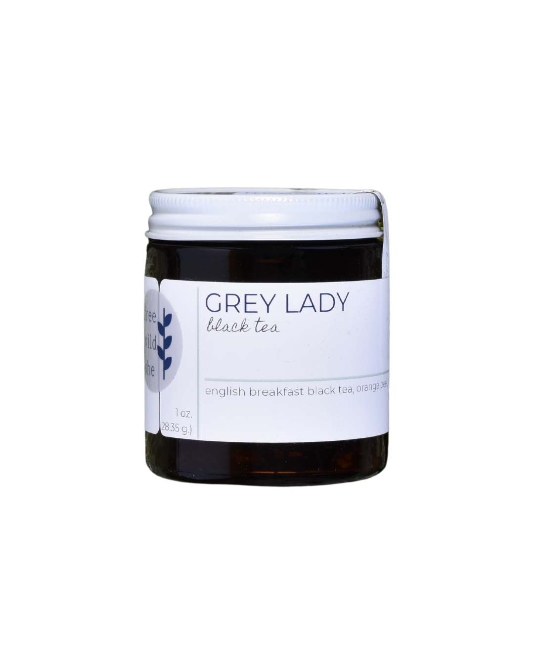 A 20 serving jar of FreeWildShe Grey Lady Black Tea. The jar is dark brown, the lid is white metal, the label is white with navy & gray text. The background is transparent.