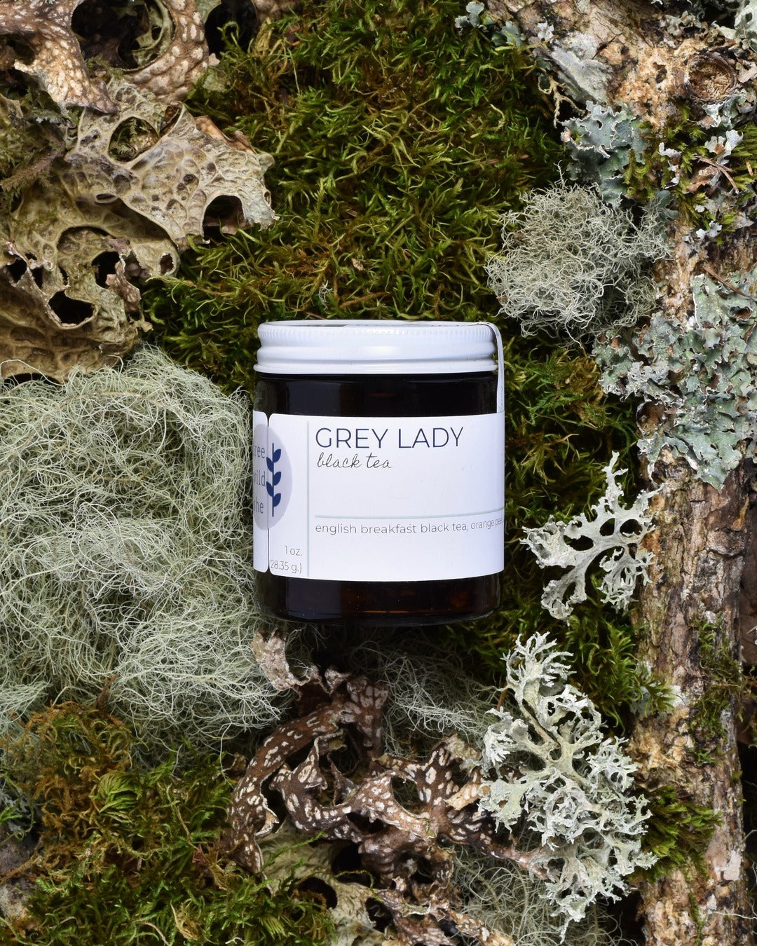 FreeWildShe Grey Lady Black Tea 20 servings sits on moss & lichen.