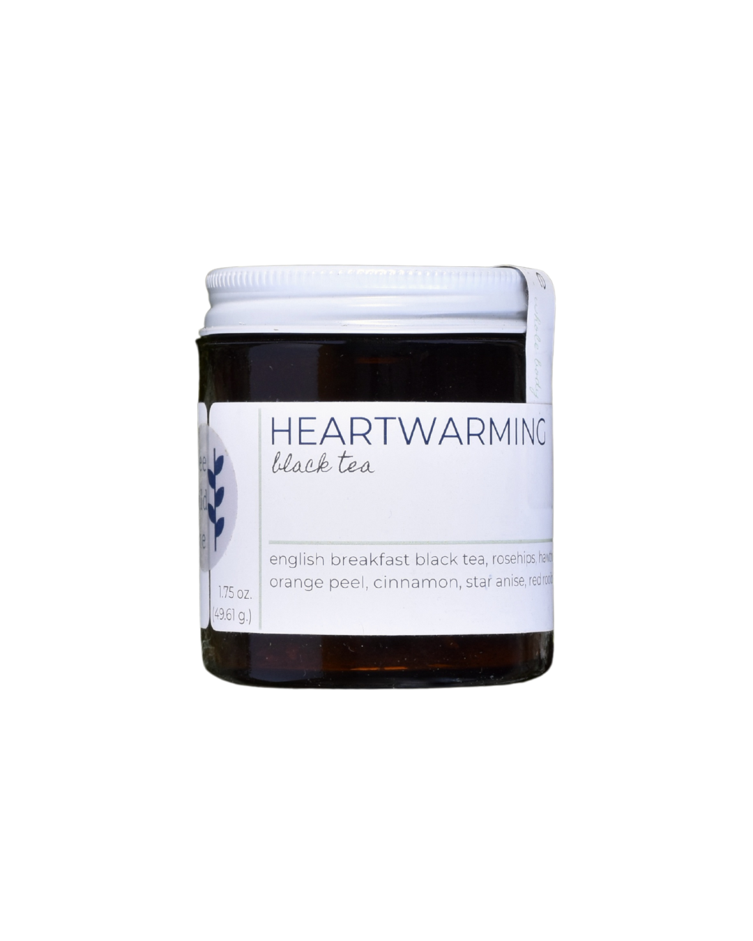 A 20 serving jar of FreeWildShe Heartwarming Black Tea. The jar is dark brown, the lid is white metal, the label is white with navy & gray text. The background is transparent.