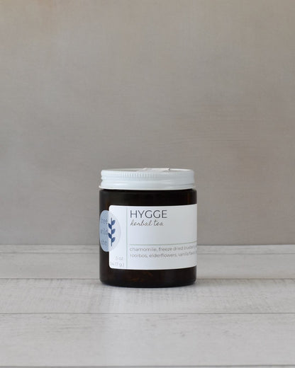 FreeWildShe Hygge Herbal Tea 20 servings sits on a white countertop.