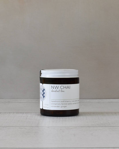 FreeWildShe NW Chai Herbal Tea 20 servings sits on a white countertop.