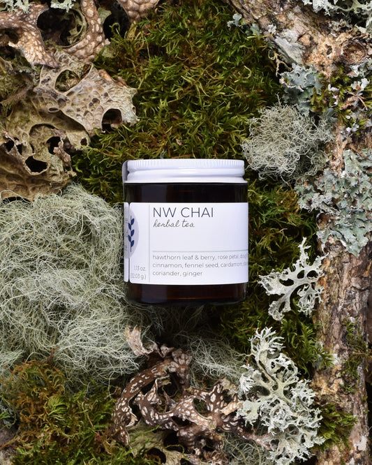 FreeWildShe NW Chai Herbal Tea 20 servings sits on moss & lichen.