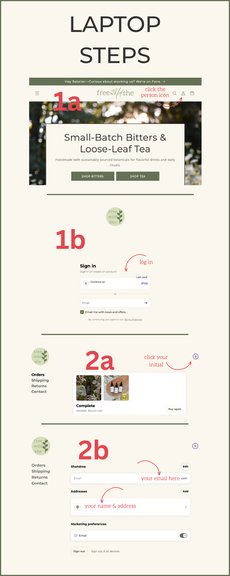 A collection of screenshots displaying the steps to sign in to your account on a computer and adjust your address.