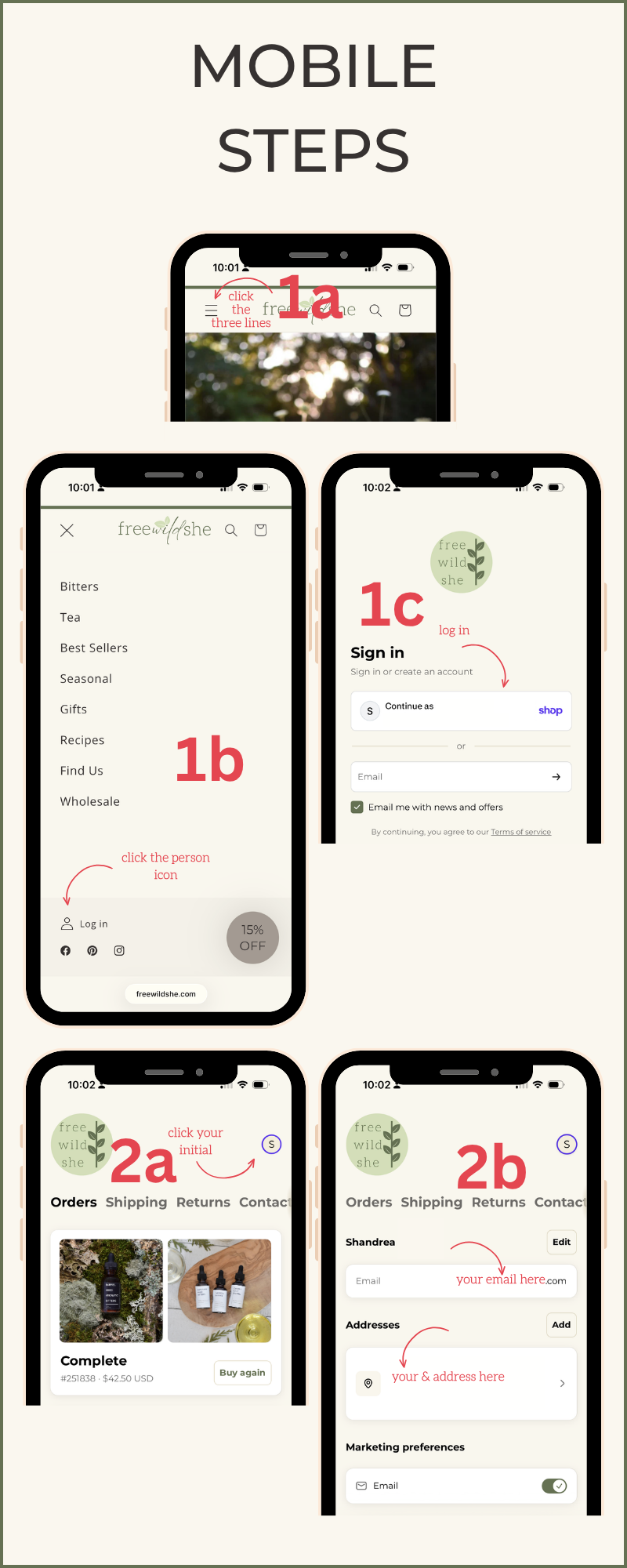 A collection of screenshots displaying the steps to sign in to your account on mobile and adjust your address.